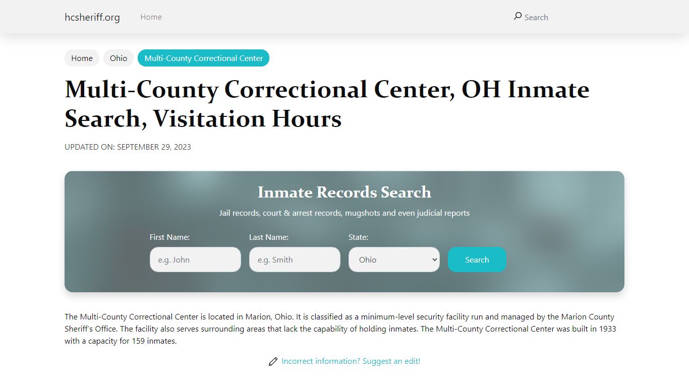 Multi-County Correctional Center, OH Inmate Search, Visitation Hours